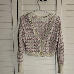 Cropped Cream and Pink Open-Knit V-Neck Cardigan